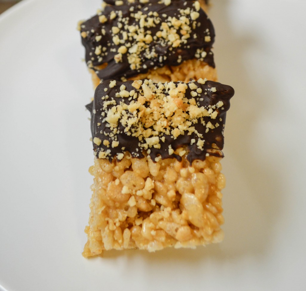 Chocolate Dipped Crispy PB Squares