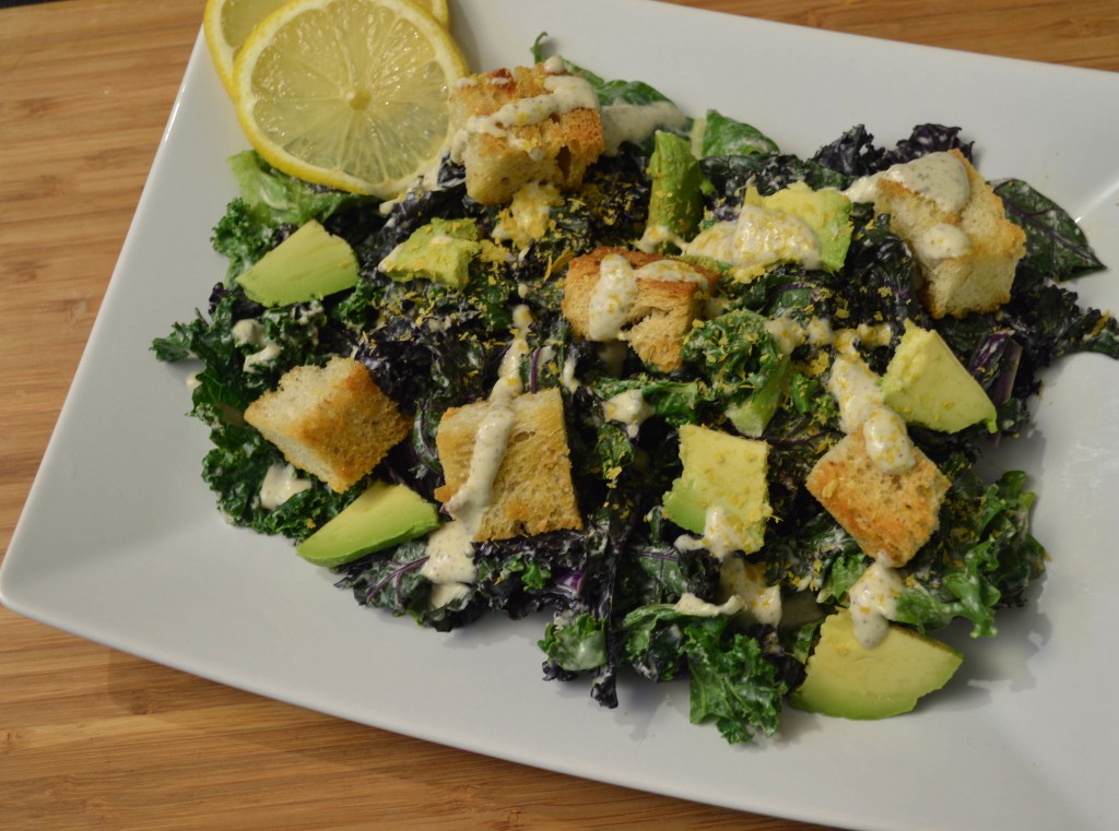 Kale Caesar Salad with Garlic Croutons