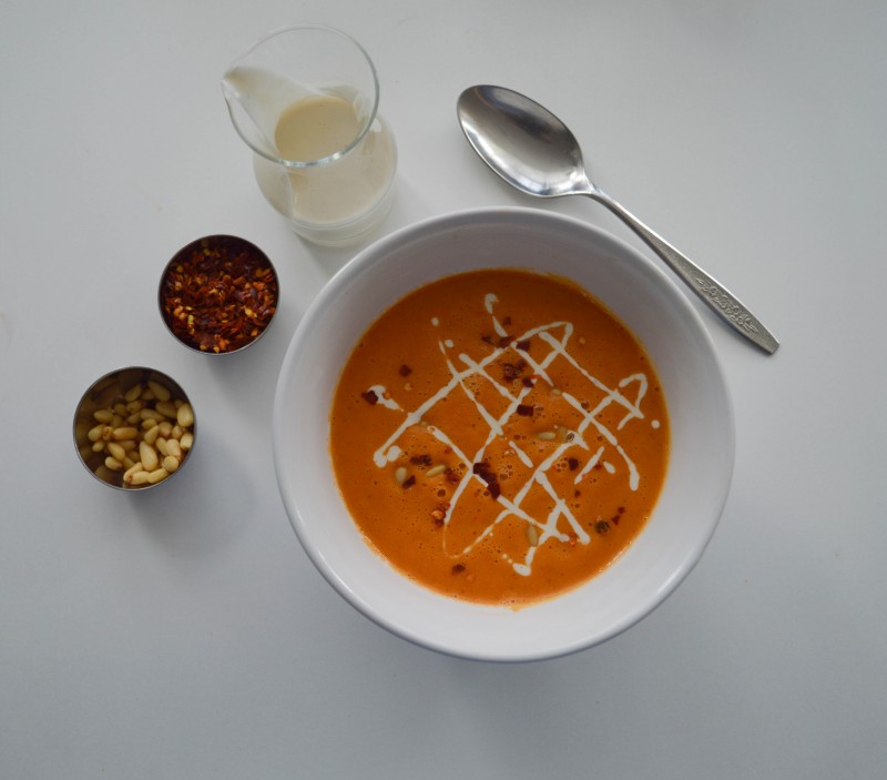 Creamy Roasted Red Pepper Soup with Lemon Cashew Cream