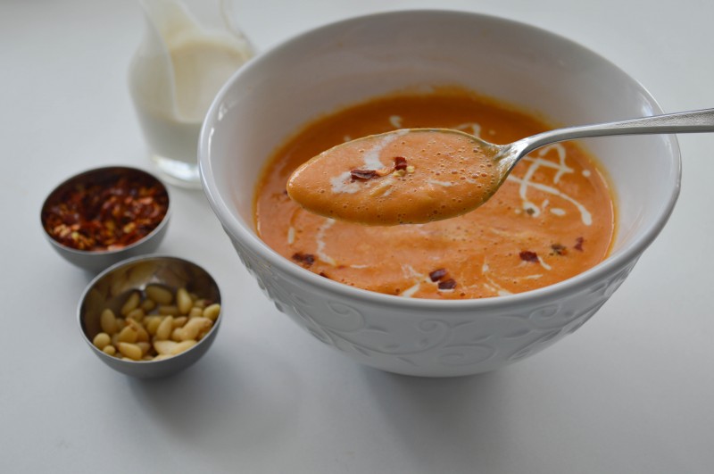 Creamy Roasted Red Pepper Soup with Lemon Cashew Cream