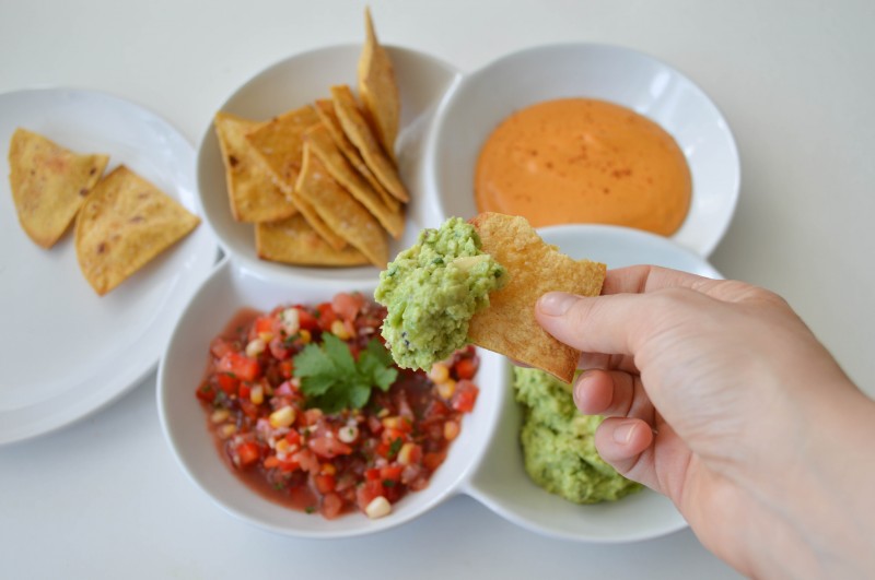 Three Dips with Ancho Lime Baked Corn Chips