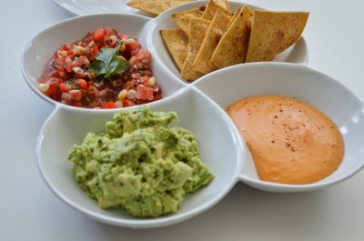 Vegan Pub Style Dips with Ancho-Lime Baked Corn Chips