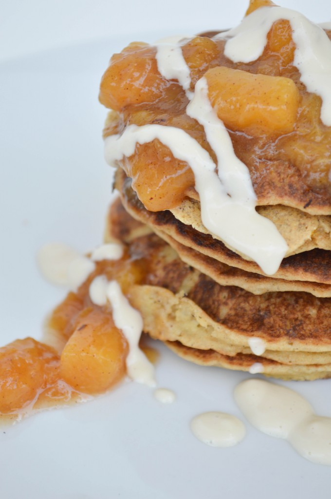 Peaches & Cream Pancakes {Vegan, Gluten-Free, Oil-Free} Classic breakfast with a touch of elegance and alcohol. These Almond-Orange Gluten-Free Pancakes are served with Spiced Peaches and Amaretto Cream.