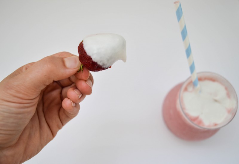 Sprouts and Chocolate: Vegan Strawberry Milkshake: Ice Cream Free. Can a vegan, ice cream free milkshake still be thick, creamy and delicious? Of course! With a little help from creamy coconut milk and frozen almond milk cubes. 