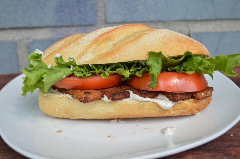 Sprouts & Chocolate: Maple-Sriracha Tempeh Bacon BLT with Creamy Dill Mayo. Secret: Vegans love bacon. Well bacon made out of anything besides animals of course. This tempeh bacon has a meaty texture with a smoky-spicy-sweet taste and with a generous dose of the Creamy Dill Mayo, it is a delicious combination to make this vegan BLT.