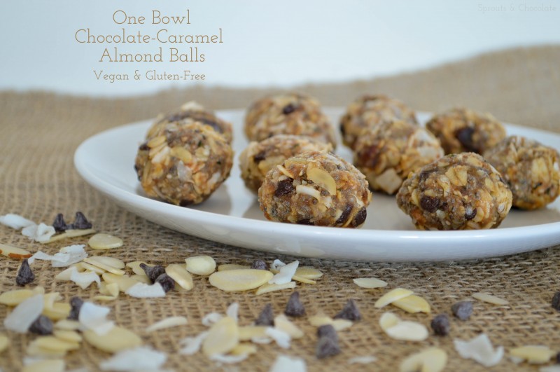 Sprouts and Chocolate: Chocolate-Caramel Almond Balls. These balls are packed with flavour, protein and omegas and all in a teeny dessert. Vegan and Gluten-Free.