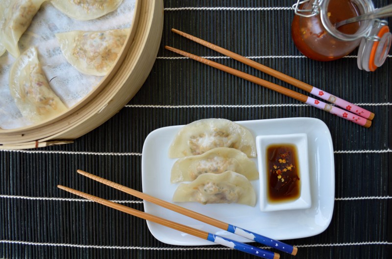 Sprouts & Chocolate: Steamed Miso-Mushroom & Tempeh Dumplings with Red Chilli Peanut Oil. 