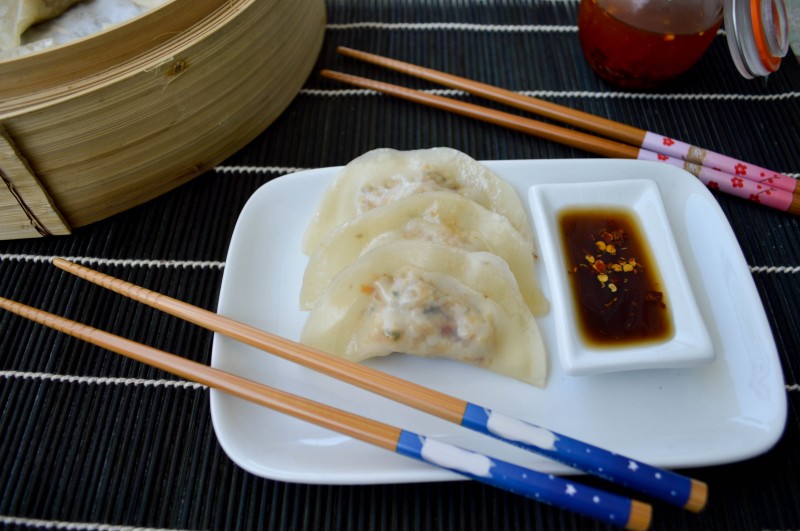 Sprouts & Chocolate: Steamed Miso-Mushroom & Tempeh Dumplings with Red Chilli Peanut Oil.