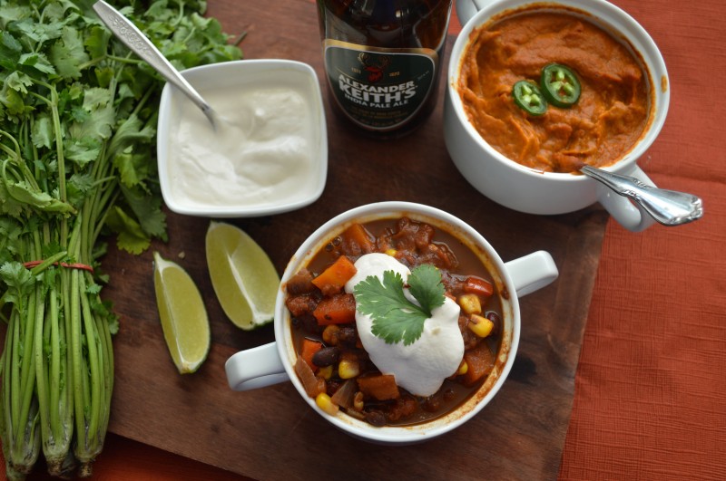 Sprouts & Chocolate: Beer & Chocolate Chili with Smoky Sofrito Sauce. This dish can be served two ways: mild but flavourful with Cashew Cream or with a Smoky Sofrito sauce for the heat lovers. Vegan and can be made gluten free!