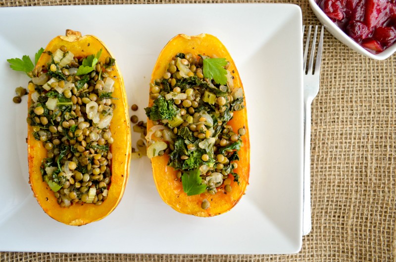 Sprouts & Chocolate: Lentil-Stuffed Roasted Delicata Squash with Savoury Pear & Onion Cranberry Sauce. A vegan and gluten-free Thanksgiving meal!