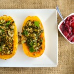 Lentil-Stuffed Roasted Delicata Squash with Savoury Pear & Onion Cranberry Sauce {Vegan & Gluten-Free}