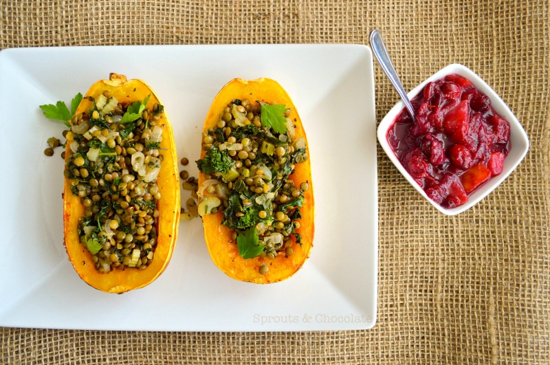 Sprouts & Chocolate: Lentil-Stuffed Roasted Delicata Squash with Savoury Pear & Onion Cranberry Sauce. A vegan and gluten-free Thanksgiving meal!