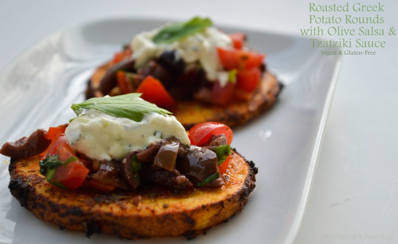 Roasted Greek Potato Rounds with Olive-Tomato Salsa and Cashew Tzatziki Sauce