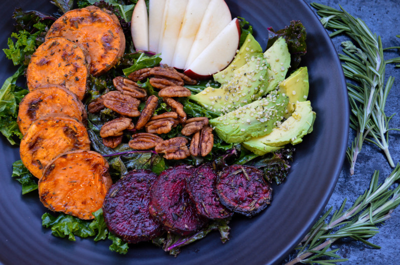 Hearty Vegetable Winter Salad with Spicy Maple Pecans