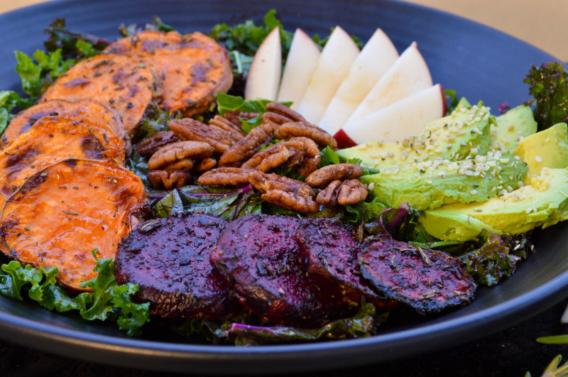 Sprouts & Chocolate: Hearty Vegetable Winter Salad. This is no plain Jane salad; it will you actually fill you up and satisfy your taste buds with roasted root vegetables, spiced maple pecans and fresh Fall apples.