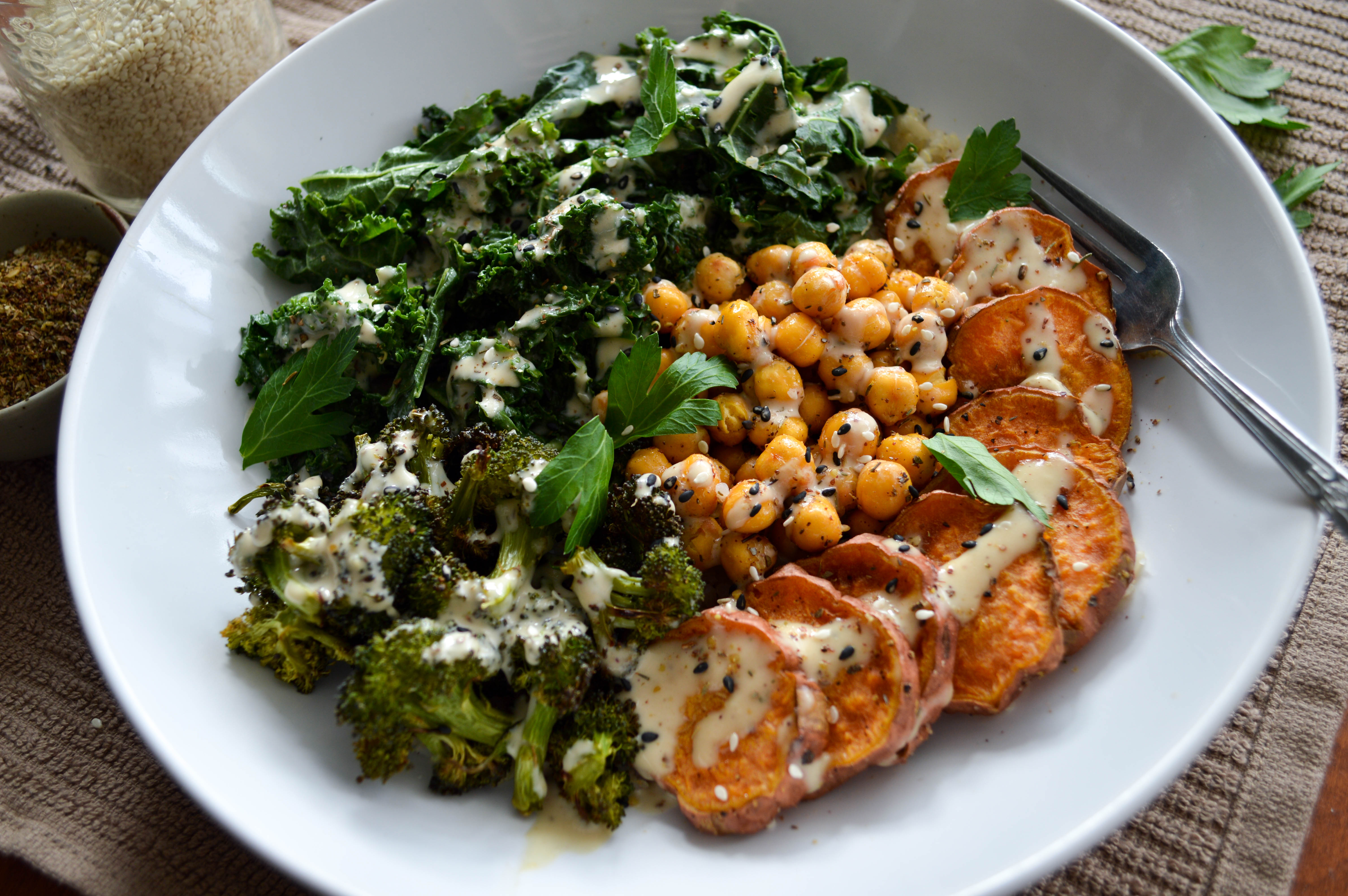 Roasted Chickpea + Vegetable Bowl w/ Za’atar Tahini Sauce Sprouts & Chocolate