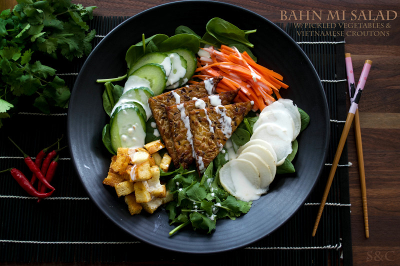 Bahn Mi Salad w/ Pickled Vegetables and Vietnamese Croutons. Vegan with a gluten-free option
