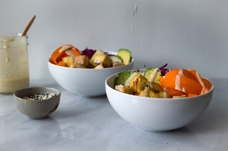 vegan hippie bowl with tofu citrus miso sauce