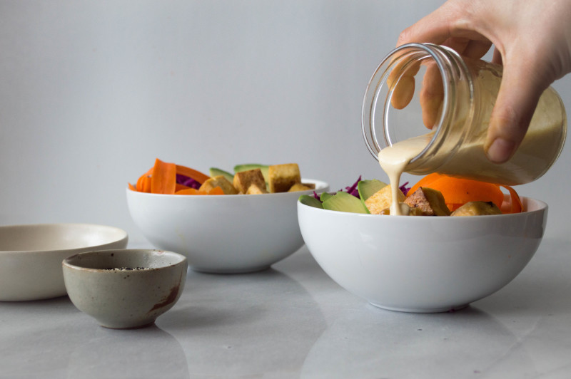 vegan hippie bowl with tofu citrus miso sauce