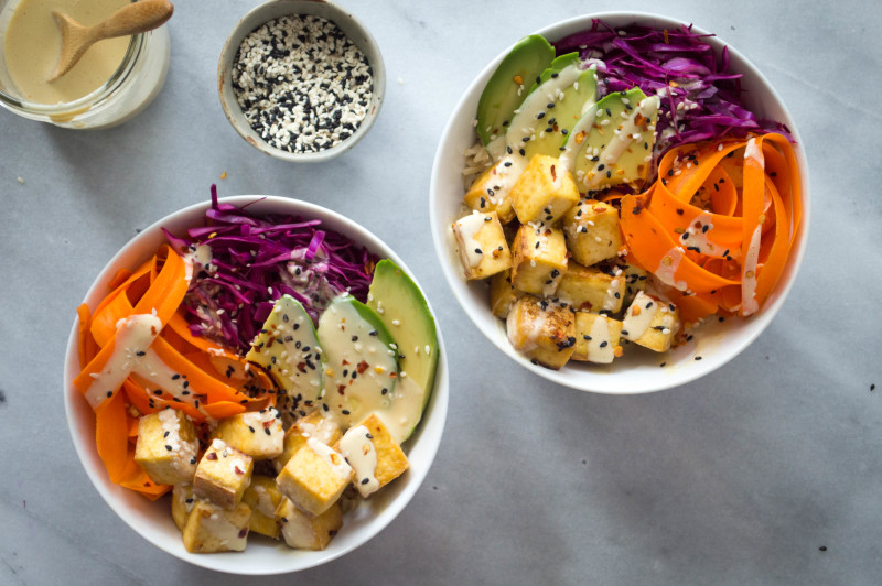 vegan hippie bowl with tofu citrus miso sauce